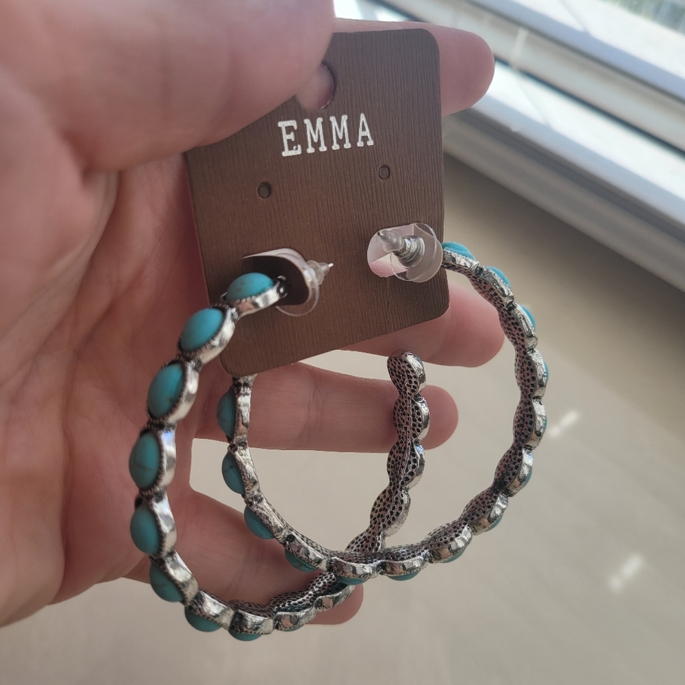 Emma Turqouise and Silver Hoop Earrings